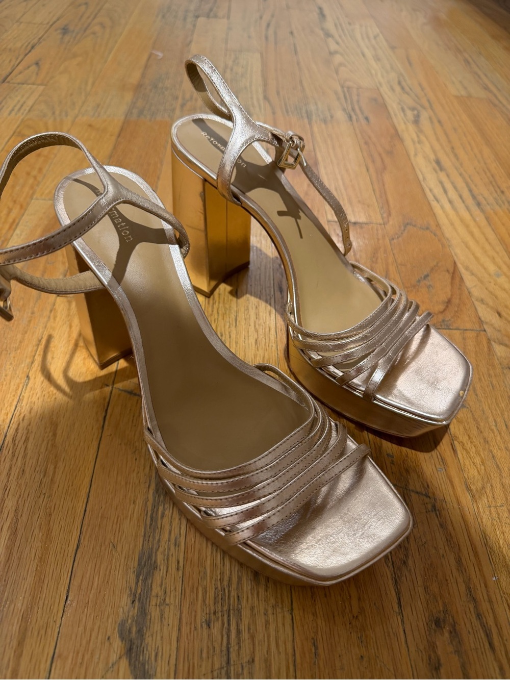 Reformation Rose Gold Metallic Block Heel Sandals